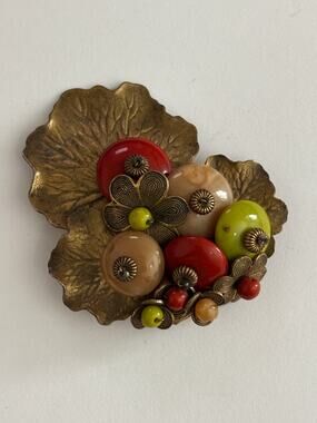 MIRIAM HASKELL by Frank Hess Dress Clip gold tone lily pads earth tone beads